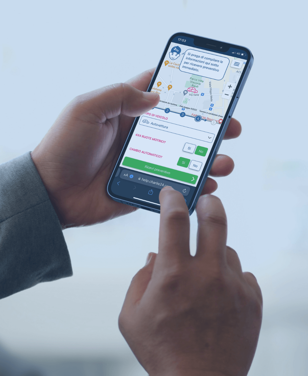 Cliente utilizza webapp di Charlie24 per soccorso stradale